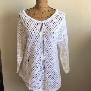 White Open Crochet Knit 3/4 Pullover Sweater XL